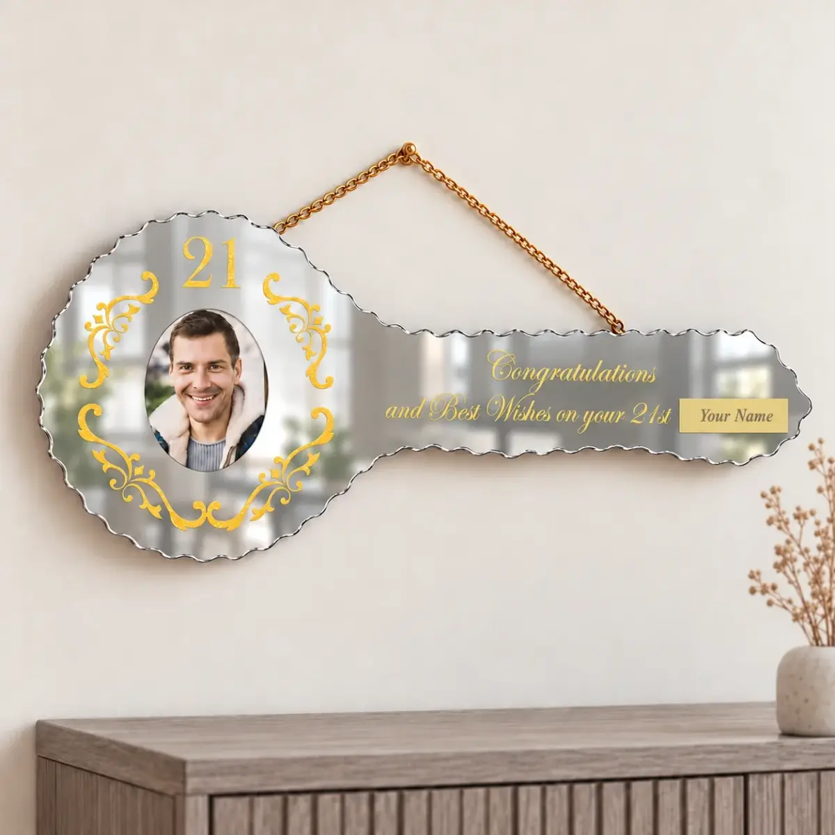 Golden Print Mirrored Glass Photo 21st Birthday Key – Decorative Design - SJ2404F