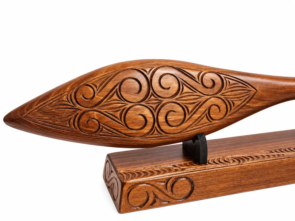Hand Carved Māori Hoe Waka Paddle on Solid Timber Display Stand 550mm | Made in New Zealand - WM540