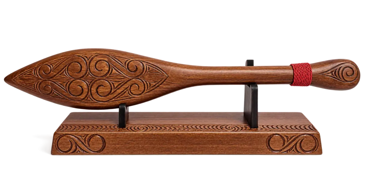 Hand Carved Māori Hoe Waka Paddle on Solid Timber Display Stand 550mm | Made in New Zealand - WM540