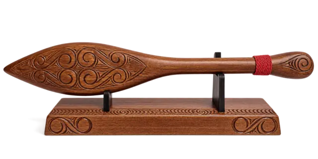 Hand Carved Māori Hoe Waka Paddle on Solid Timber Display Stand 550mm | Made in New Zealand - WM540
