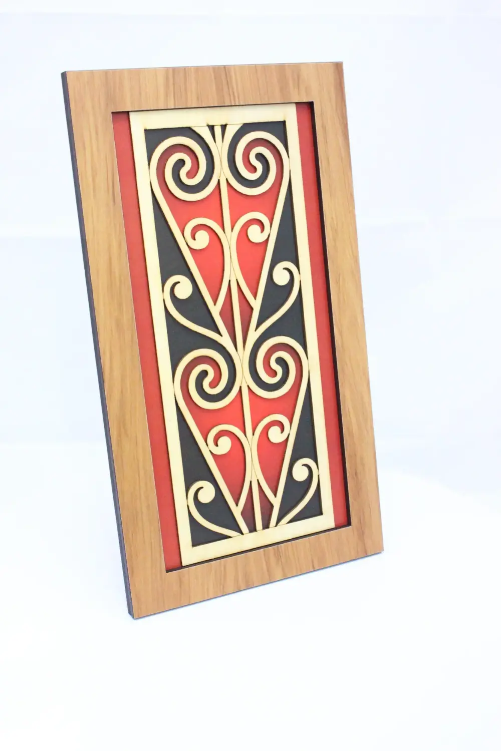 Māori Coloured Kōwhaiwhai Scroll Wooden Wall Art – New Zealand Rimu Veneer - WCSC
