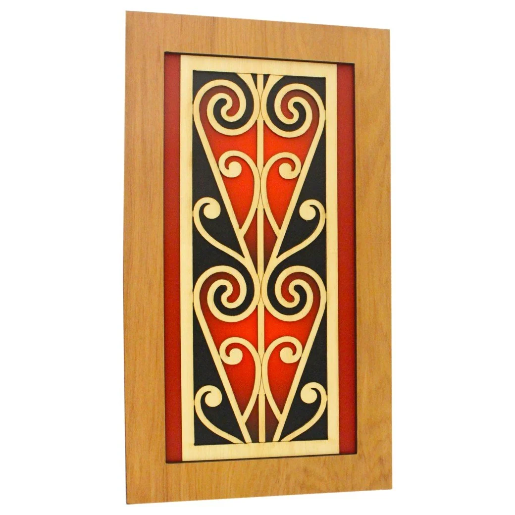 Māori Coloured Kōwhaiwhai Scroll Wooden Wall Art – New Zealand Rimu Veneer - WCSC