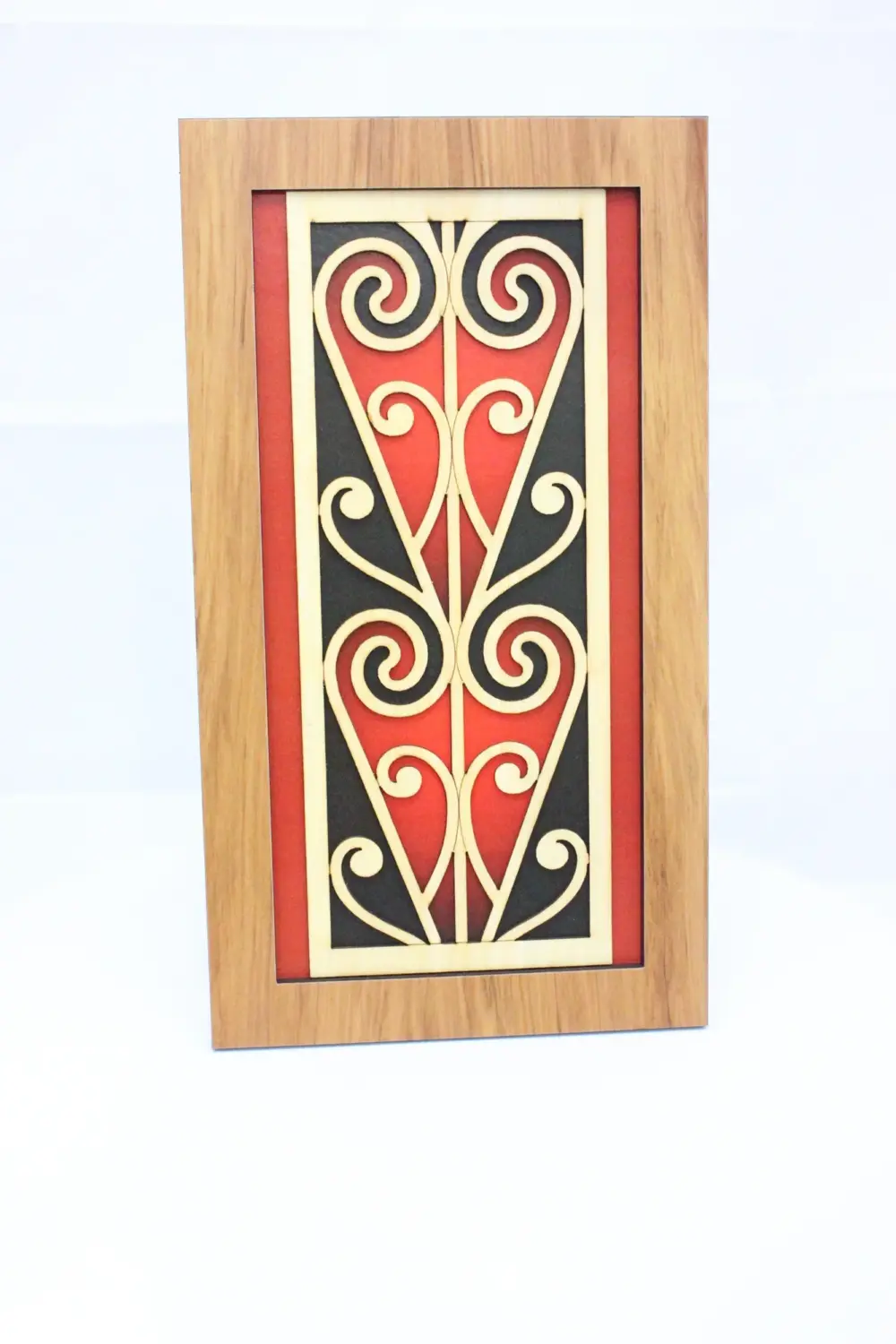 Māori Coloured Kōwhaiwhai Scroll Wooden Wall Art – New Zealand Rimu Veneer - WCSC