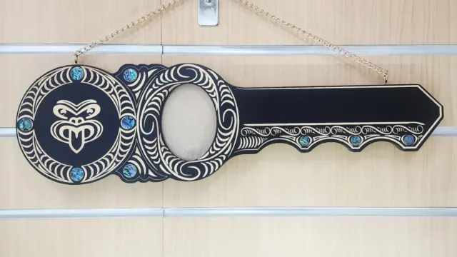 Māori Design Wooden Birthday Key – Tiki & Pāua Shell Inlay - S14BLK