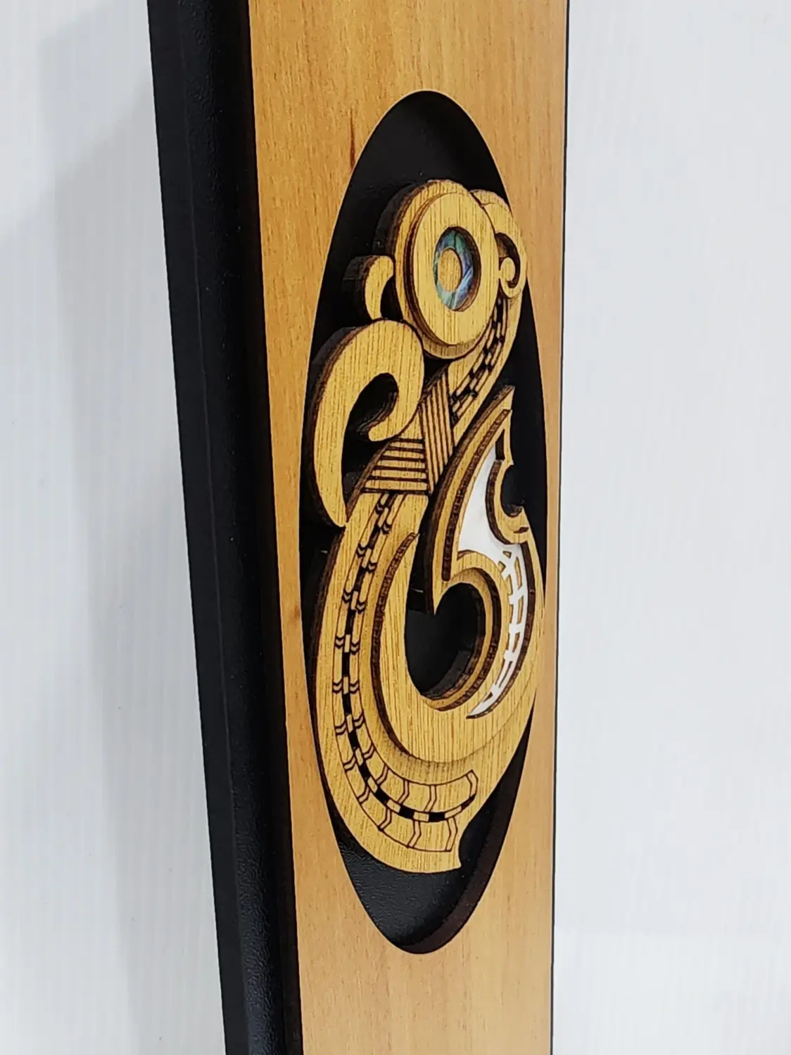 Māori Hei Matau Fish Hook Wooden Wall Art Panel – Rimu Finish with Pāua Shell Detail - WPHK