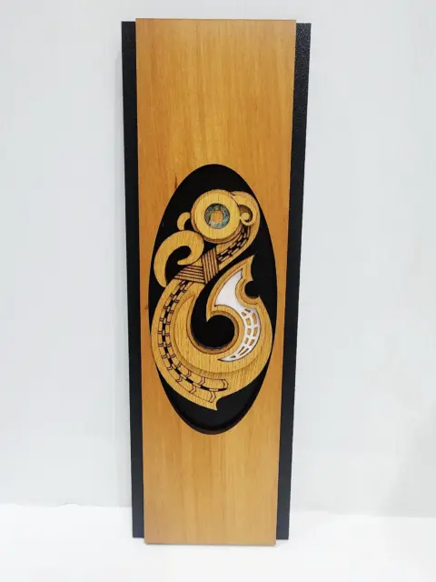 Māori Hei Matau Fish Hook Wooden Wall Art Panel – Rimu Finish with Pāua Shell Detail - WPHK