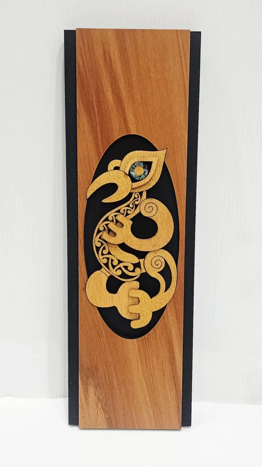 Māori Manaia Guardian Spirit Wooden Wall Art Panel – Rimu Finish with Pāua Shell Detail - WPMA