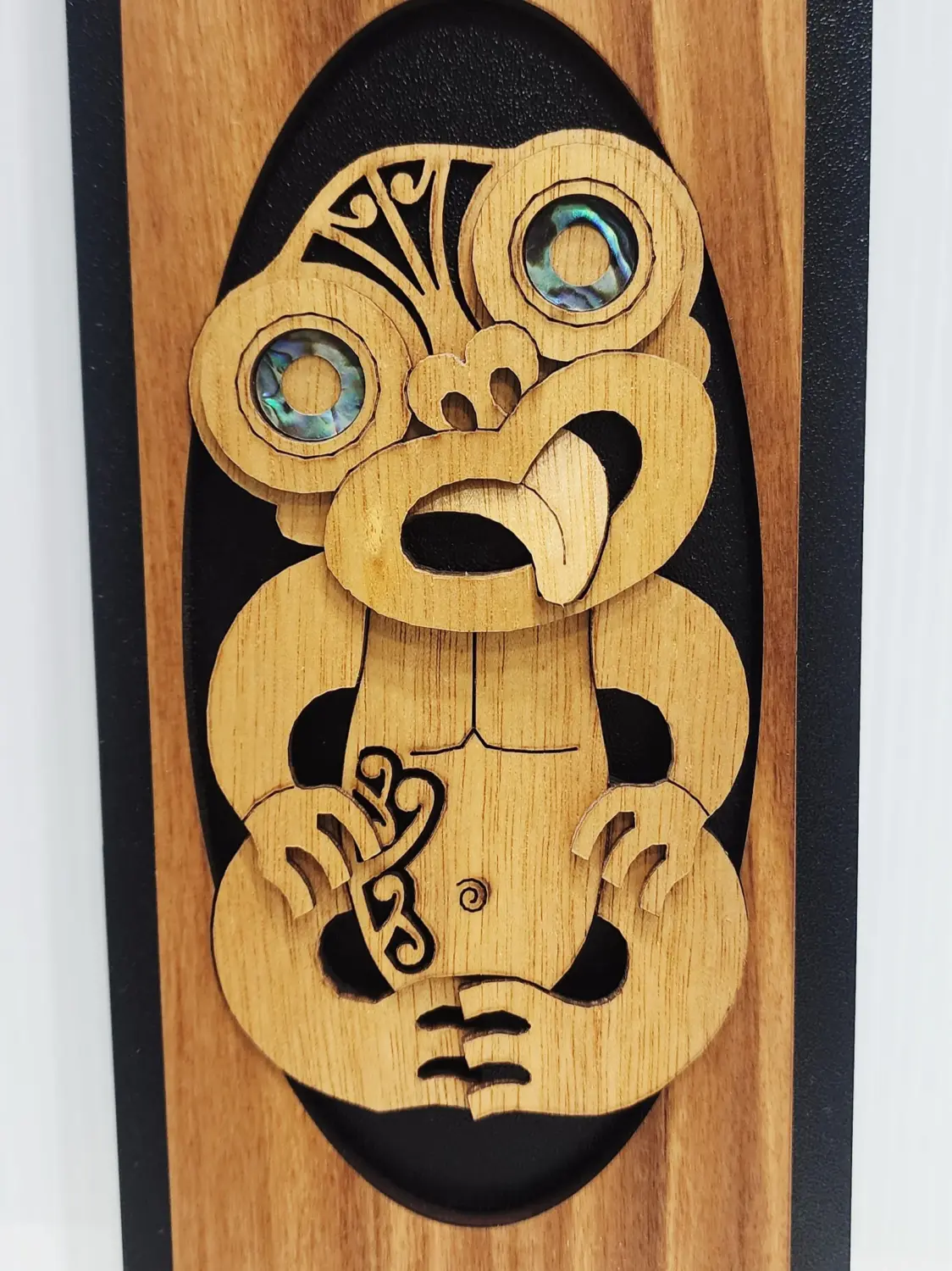 Māori Tiki Wooden Wall Art Panel – Rimu Finish with Pāua Shell Eyes - WPTK