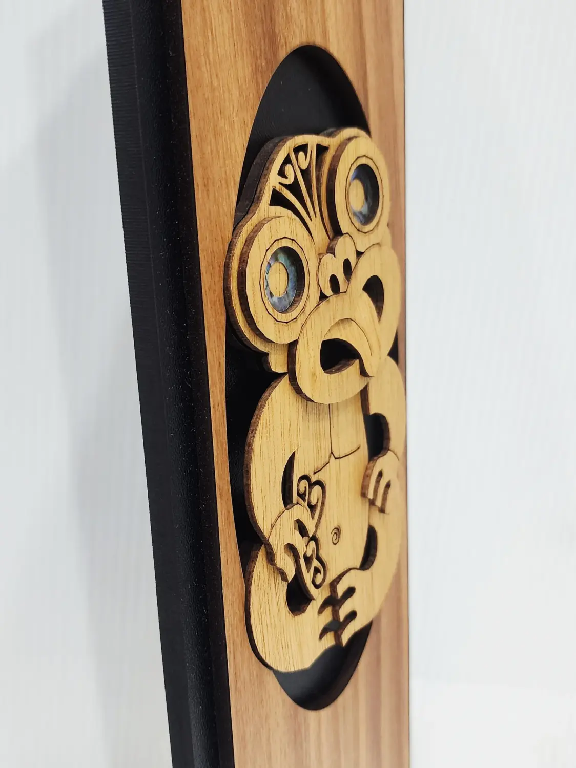 Māori Tiki Wooden Wall Art Panel – Rimu Finish with Pāua Shell Eyes - WPTK