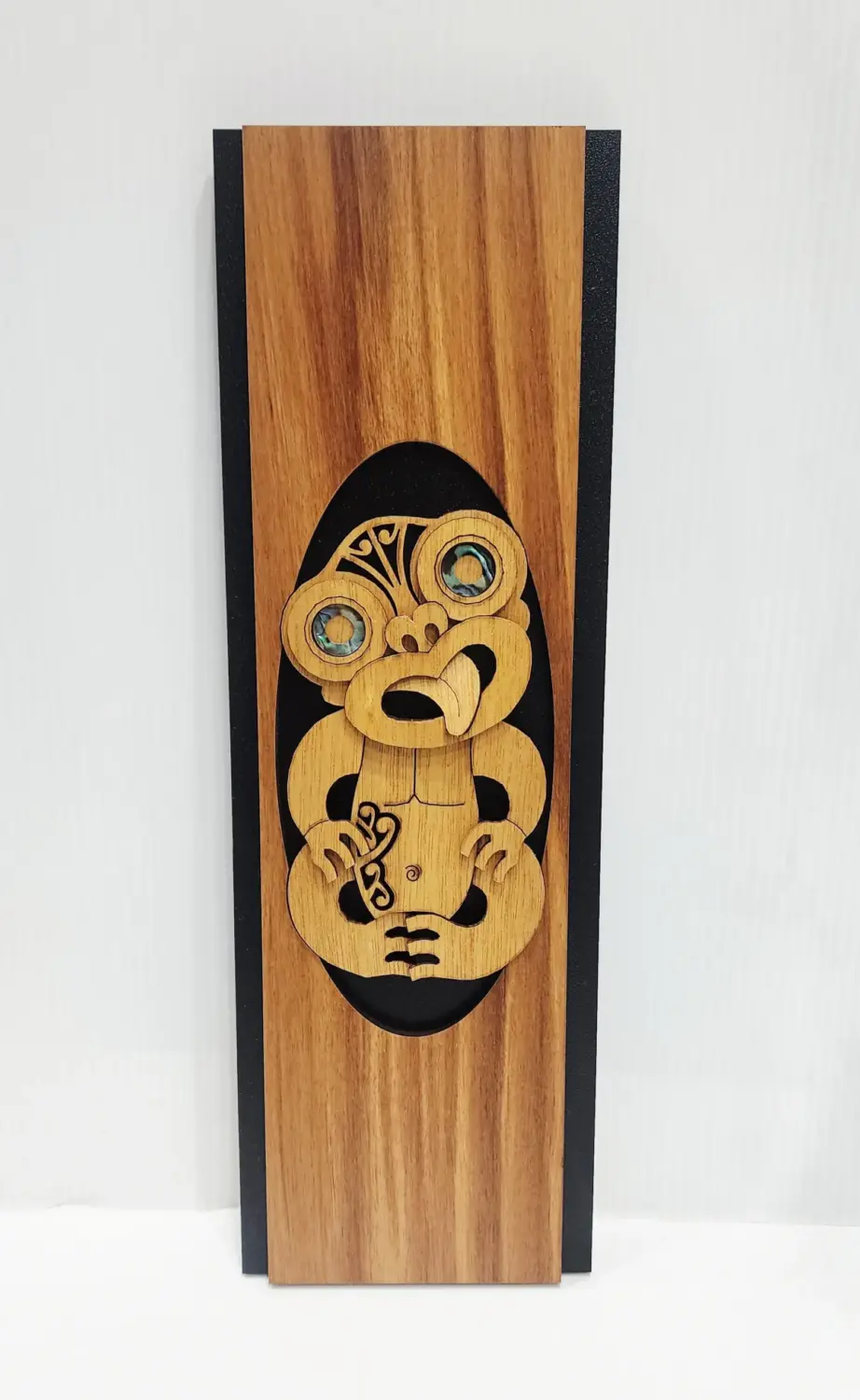 Māori Tiki Wooden Wall Art Panel – Rimu Finish with Pāua Shell Eyes - WPTK