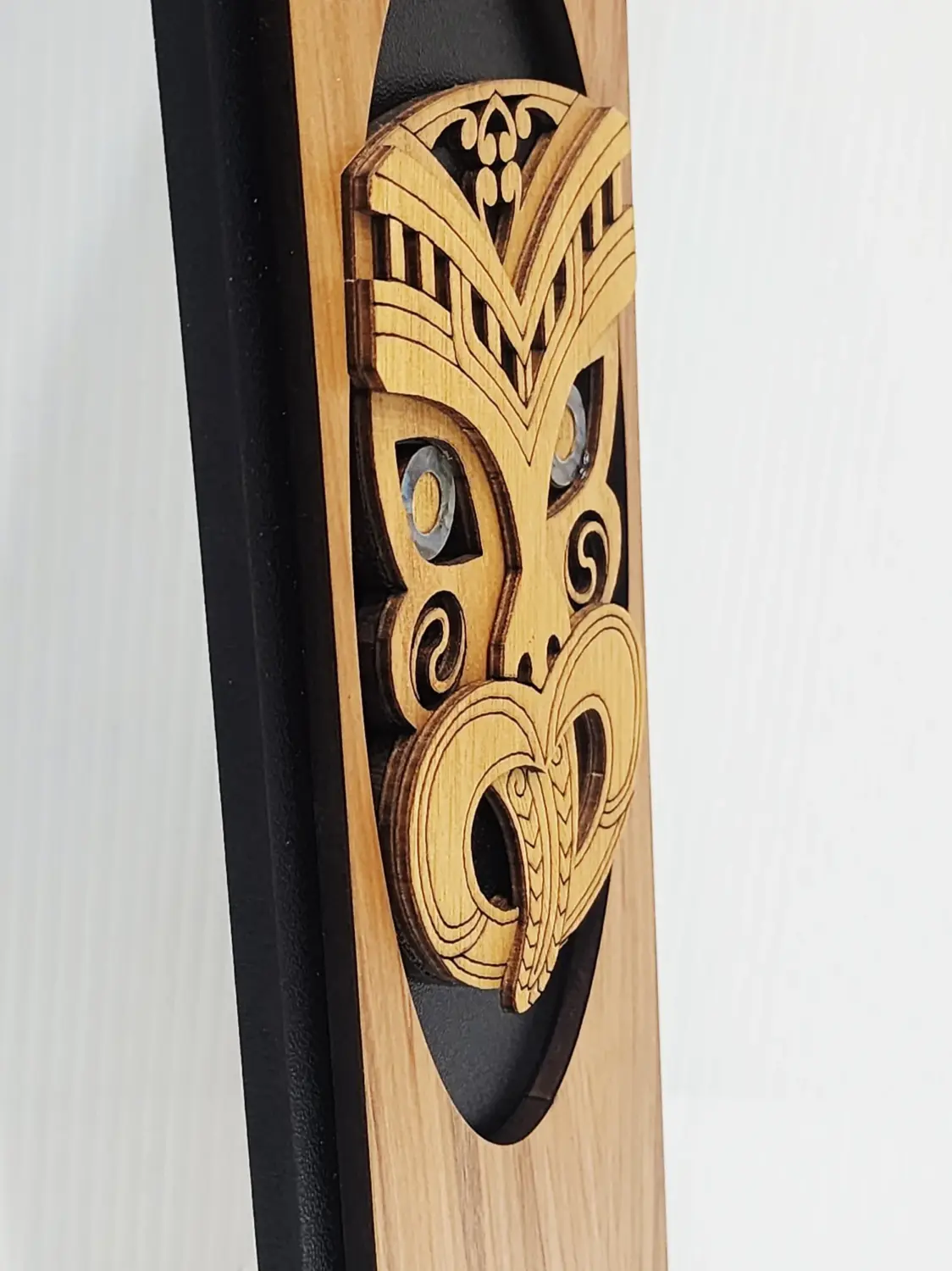 Māori Wheku Tiki Face Wooden Wall Art Panel – Rimu Finish with Pāua Shell Eyes - WPWH