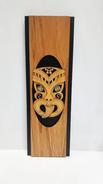 Māori Wheku Tiki Face Wooden Wall Art Panel – Rimu Finish with Pāua Shell Eyes - WPWH