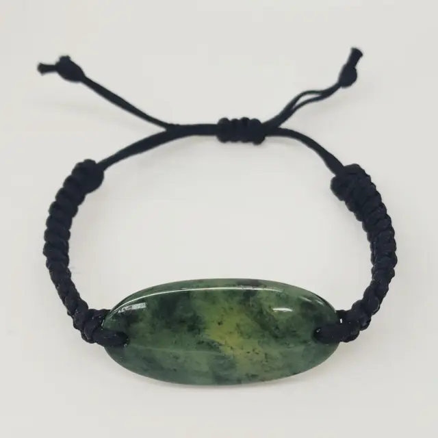 Natural New Zealand Greenstone Oval Polished Disc Bracelet – 45mm x 20mm | Black Braided Adjustable Cord