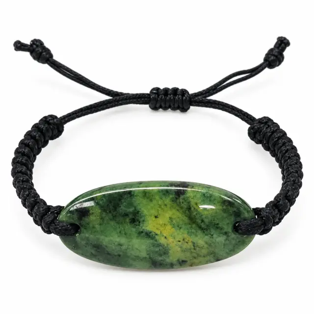 Natural New Zealand Greenstone Oval Polished Disc Bracelet – 45mm x 20mm | Black Braided Adjustable Cord