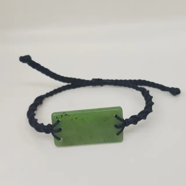 Natural New Zealand Greenstone Rectangular Bracelet – 41mm x 21mm | Black Plaited Adjustable Cord