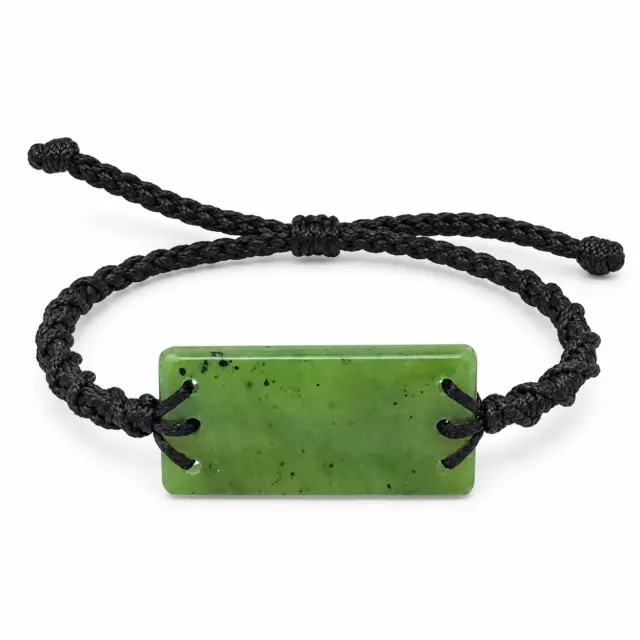 Natural New Zealand Greenstone Rectangular Bracelet – 41mm x 21mm | Black Plaited Adjustable Cord