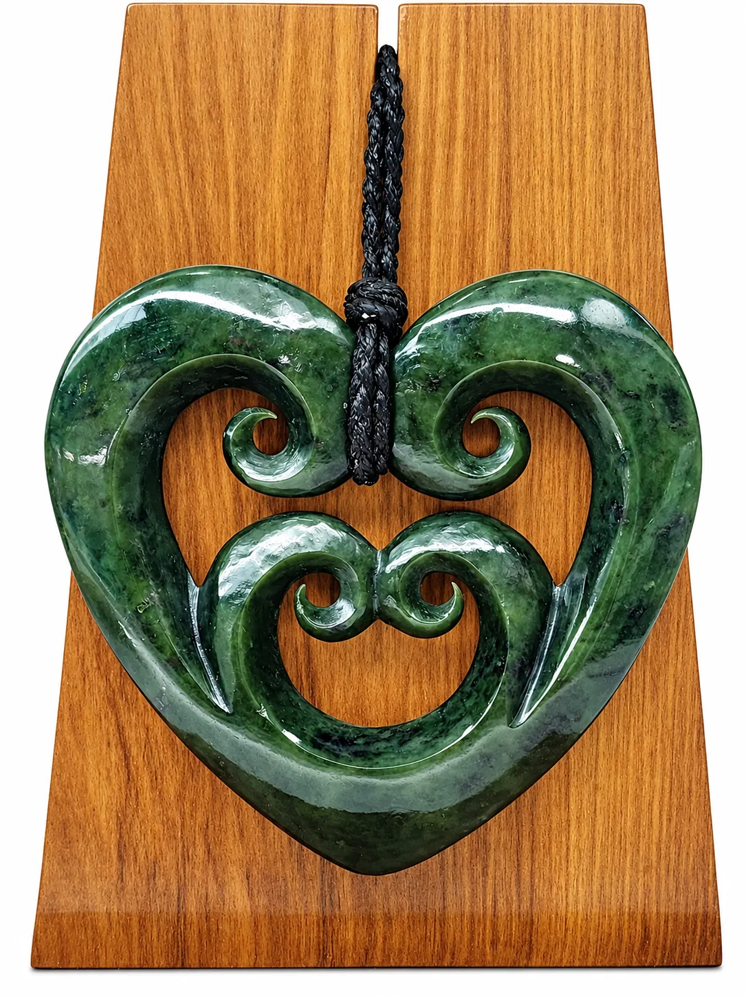 New Zealand Greenstone Pounamu Quad Koru Double Heart Pendant with Native Rimu Timber Display Stand - HPJPN008XL