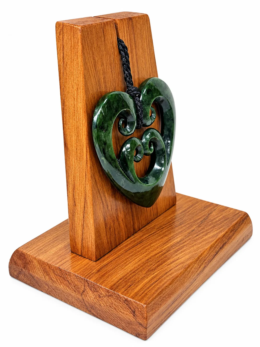 New Zealand Greenstone Pounamu Quad Koru Double Heart Pendant with Native Rimu Timber Display Stand - HPJPN008XL
