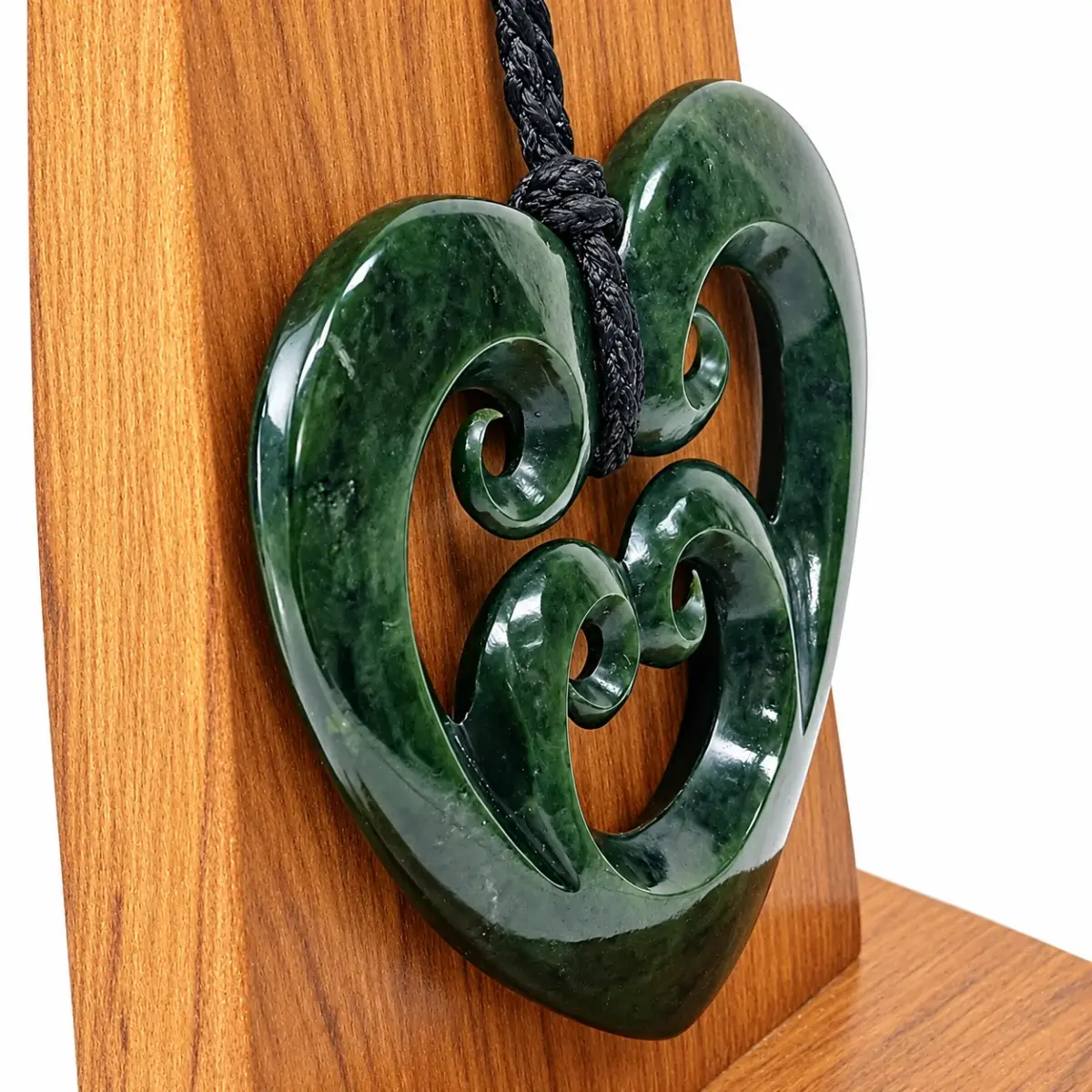 New Zealand Greenstone Pounamu Quad Koru Double Heart Pendant with Native Rimu Timber Display Stand - HPJPN008XL