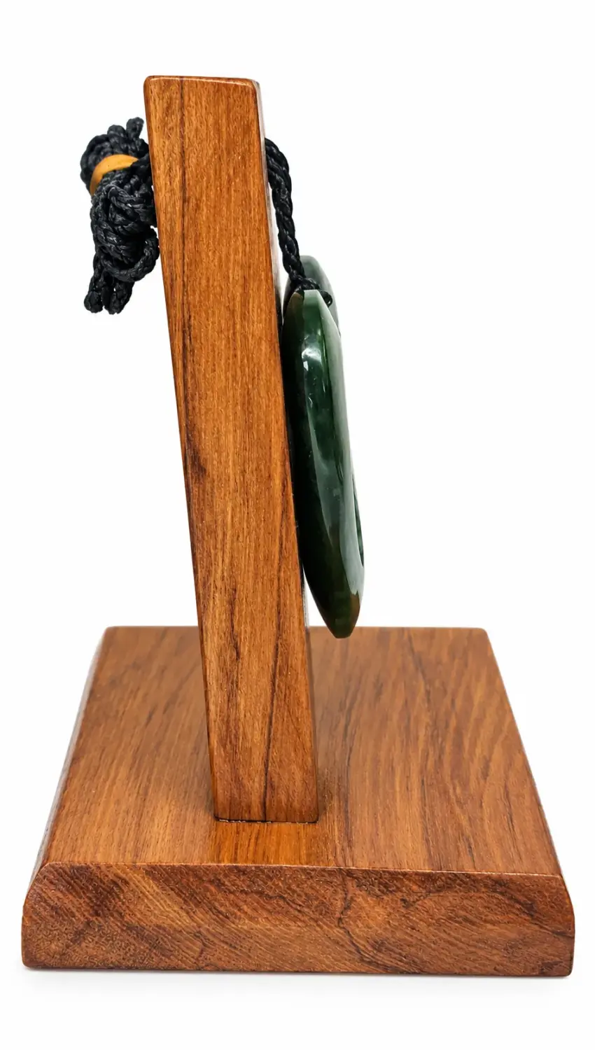 New Zealand Greenstone Pounamu Quad Koru Double Heart Pendant with Native Rimu Timber Display Stand - HPJPN008XL