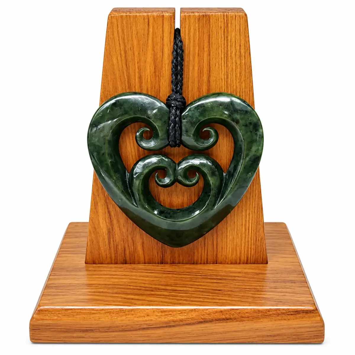 New Zealand Greenstone Pounamu Quad Koru Double Heart Pendant with Native Rimu Timber Display Stand - HPJPN008XL