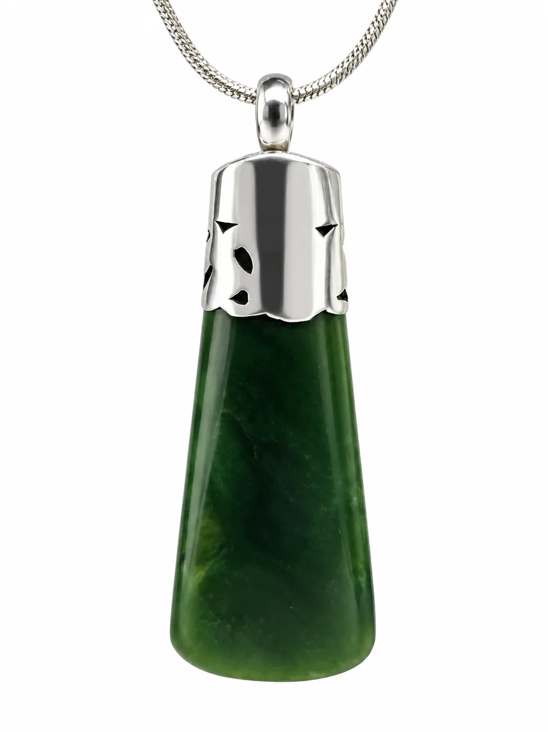 New Zealand Greenstone Pounamu Toki Pendant with Sterling Silver Decorative Cap & 42cm Silver Chain – Handmade by Lindsay Mackenzie
