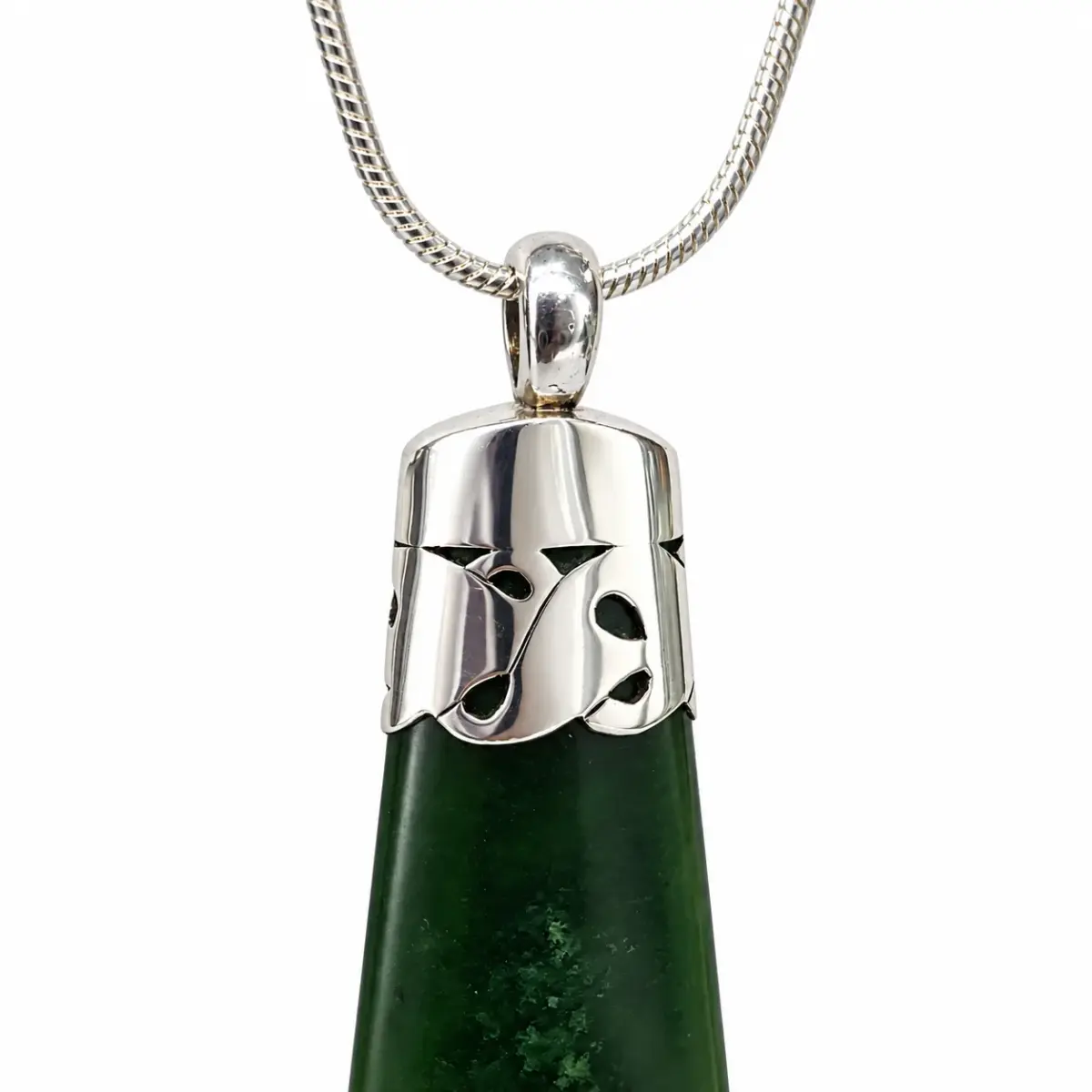 New Zealand Greenstone Pounamu Toki Pendant with Sterling Silver Decorative Cap & 42cm Silver Chain – Handmade by Lindsay Mackenzie
