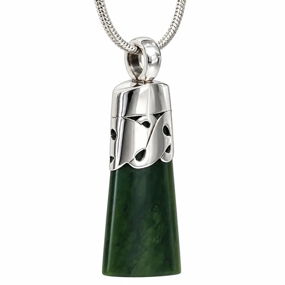 New Zealand Greenstone Pounamu Toki Pendant with Sterling Silver Decorative Cap & 42cm Silver Chain – Handmade by Lindsay Mackenzie