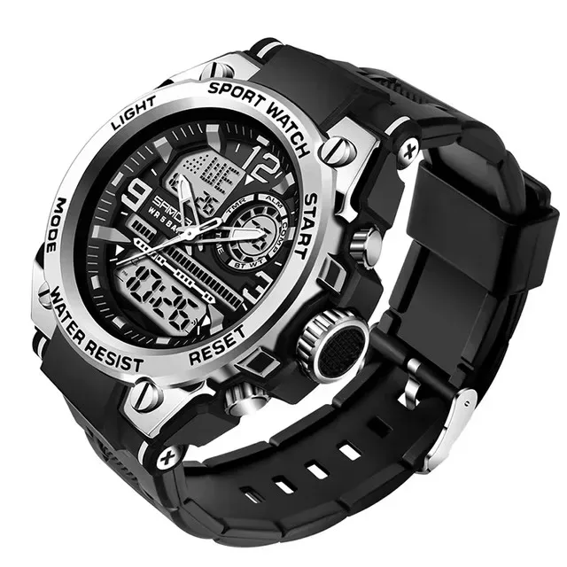 SANDA Analog/Digital Mens 50M WR, Dual Time Quartz Sports Watch, Black/Silver Case, Black Strap - 6024SIL