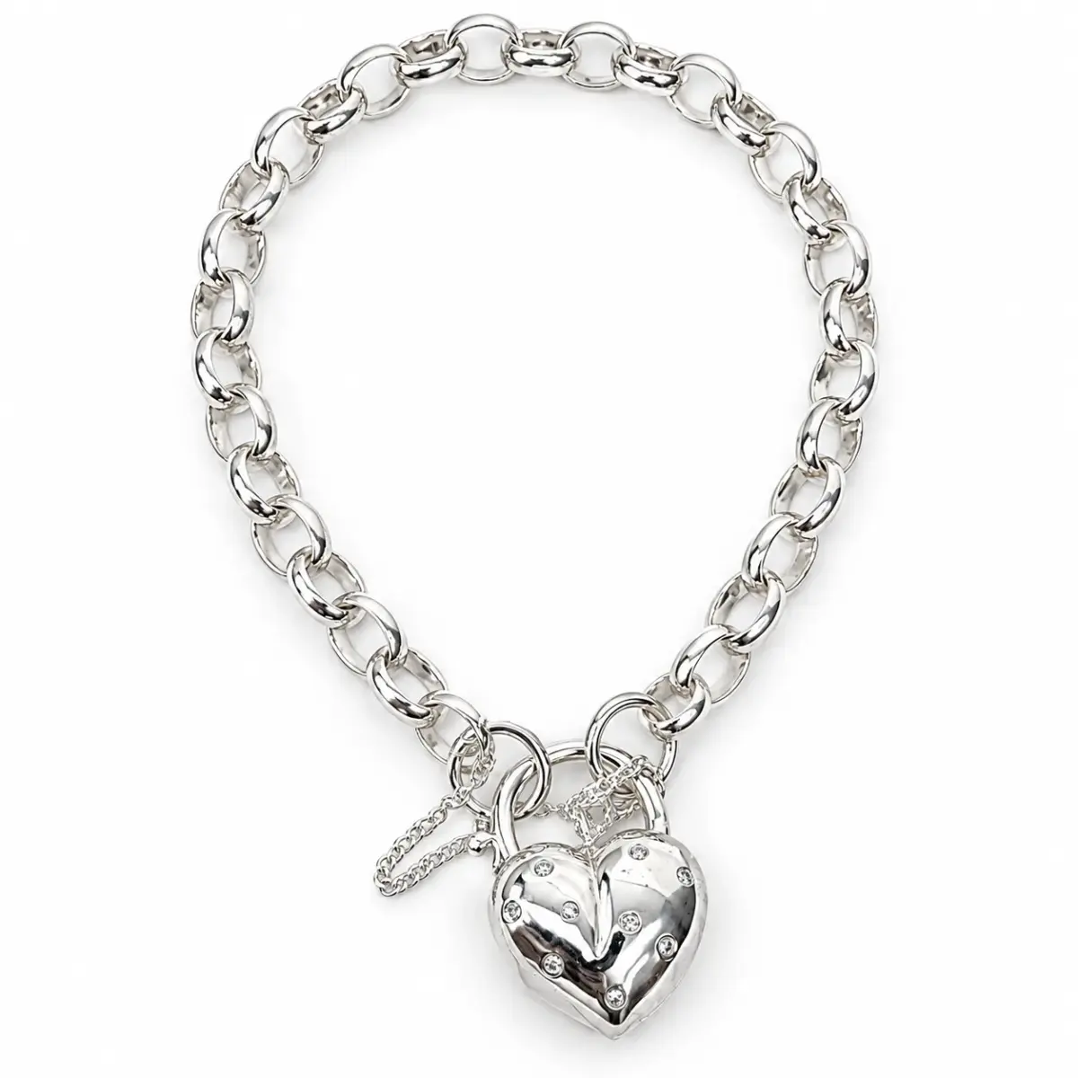 Sterling Silver BO3.5 Oval Belcher Bracelet with 9 Clear CZ Set Puff Heart Locket & Safety Chain – 19cm | 16g - SSPB52