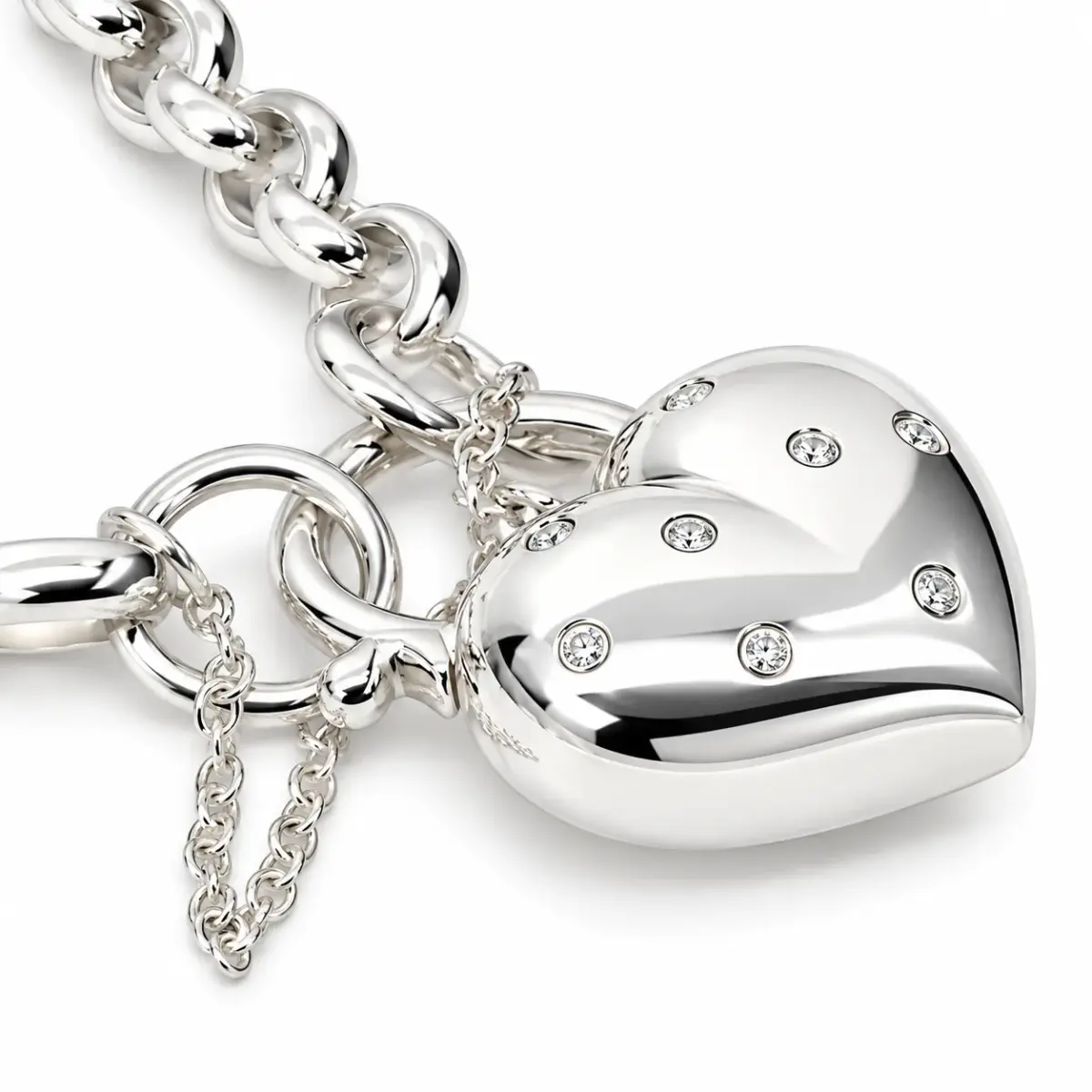 Sterling Silver BO3.5 Oval Belcher Bracelet with 9 Clear CZ Set Puff Heart Locket & Safety Chain – 19cm | 16g - SSPB52