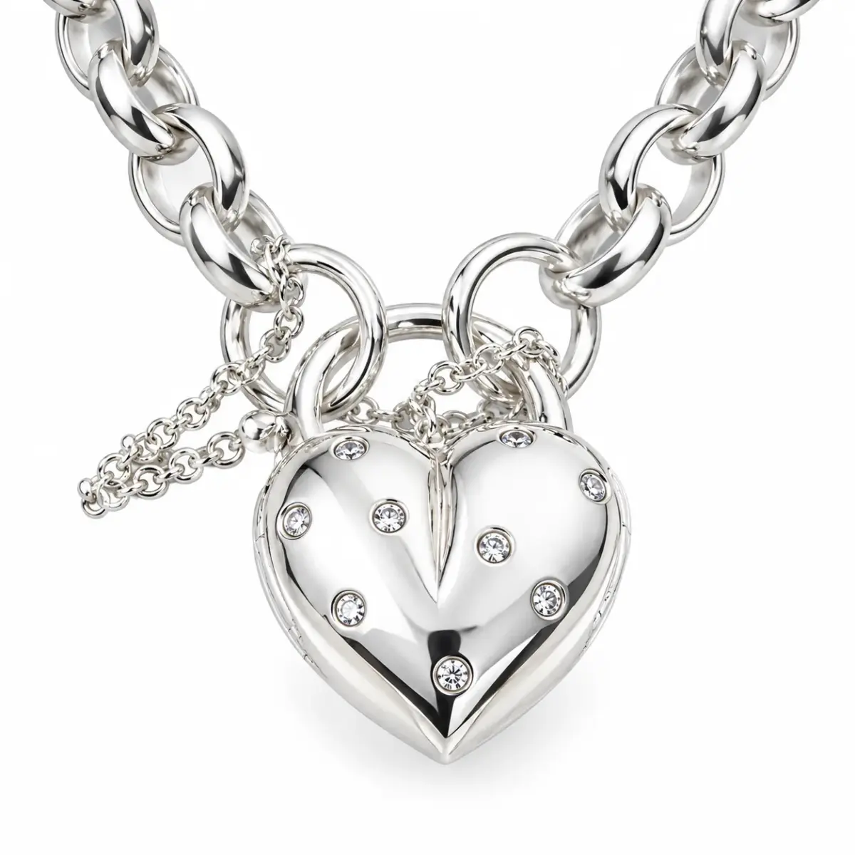 Sterling Silver BO3.5 Oval Belcher Bracelet with 9 Clear CZ Set Puff Heart Locket & Safety Chain – 19cm | 16g - SSPB52