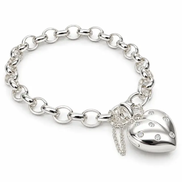 Sterling Silver BO3.5 Oval Belcher Bracelet with 9 Clear CZ Set Puff Heart Locket & Safety Chain – 19cm | 16g - SSPB52