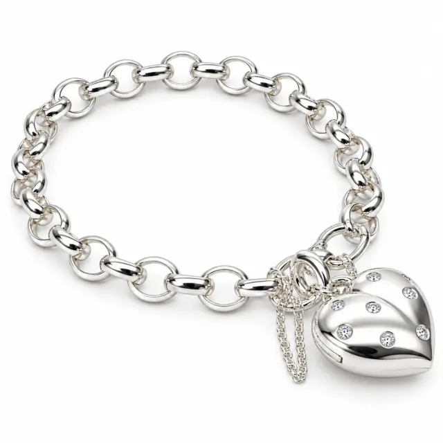 Sterling Silver BO3.5 Oval Belcher Bracelet with 9 Clear CZ Set Puff Heart Locket & Safety Chain – 19cm | 16g - SSPB52