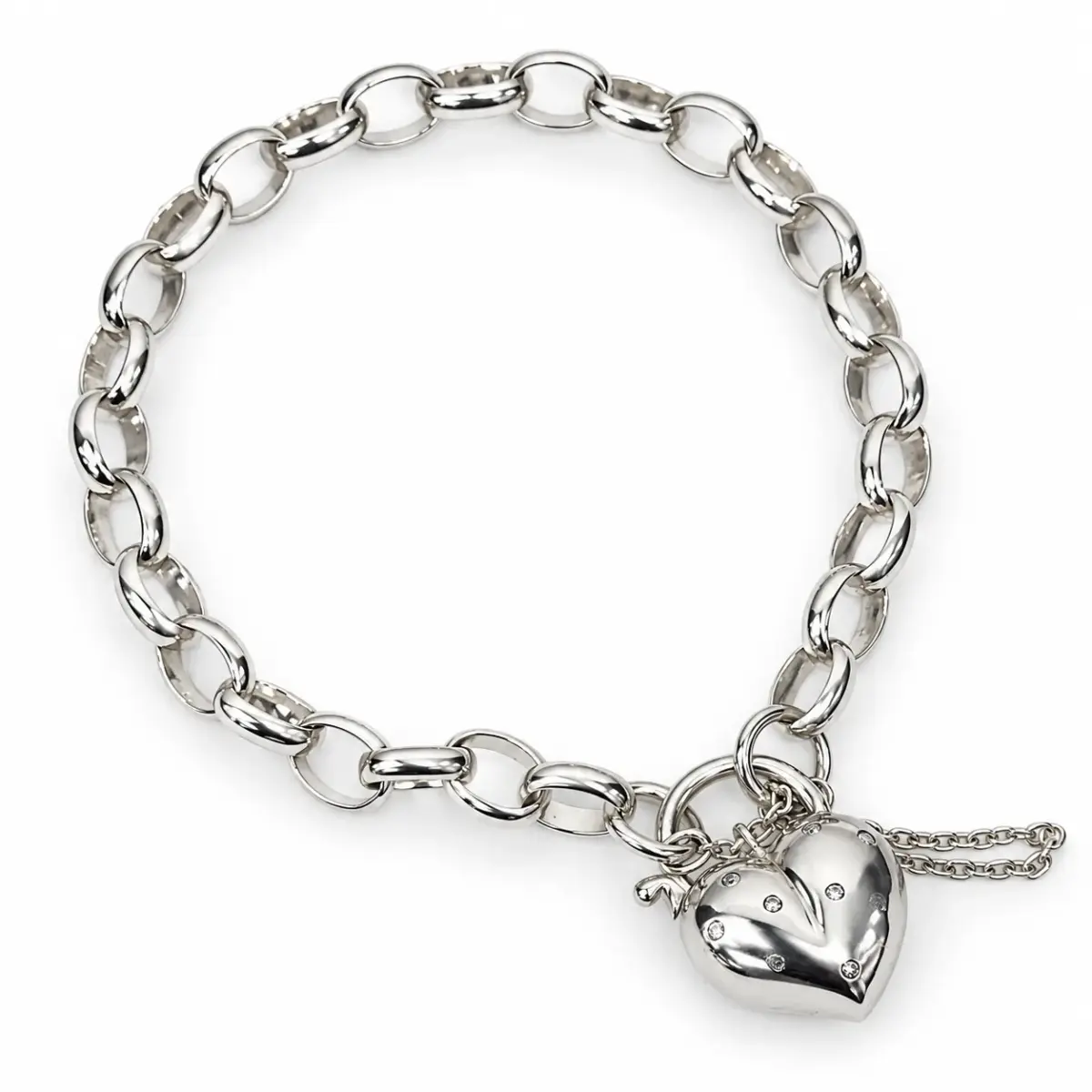 Sterling Silver Oval Belcher BO4 Bracelet with CZ Set Puff Heart Locket & Safety Chain – 19cm | 19g - SSBO4BW/PB5