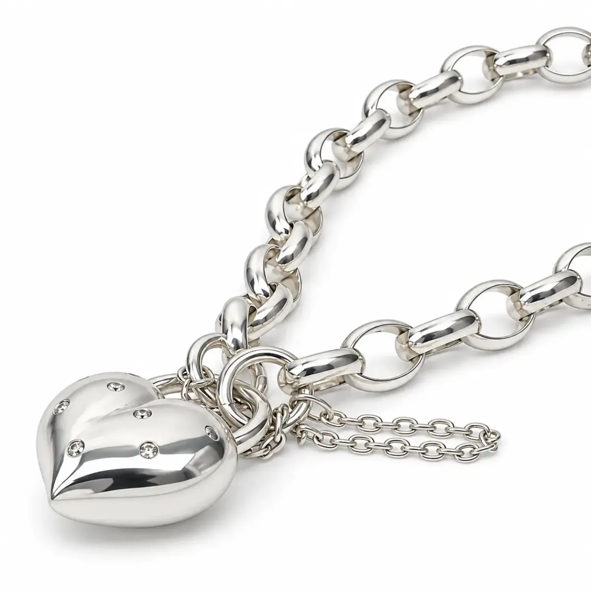 Sterling Silver Oval Belcher BO4 Bracelet with CZ Set Puff Heart Locket & Safety Chain – 19cm | 19g - SSBO4BW/PB5