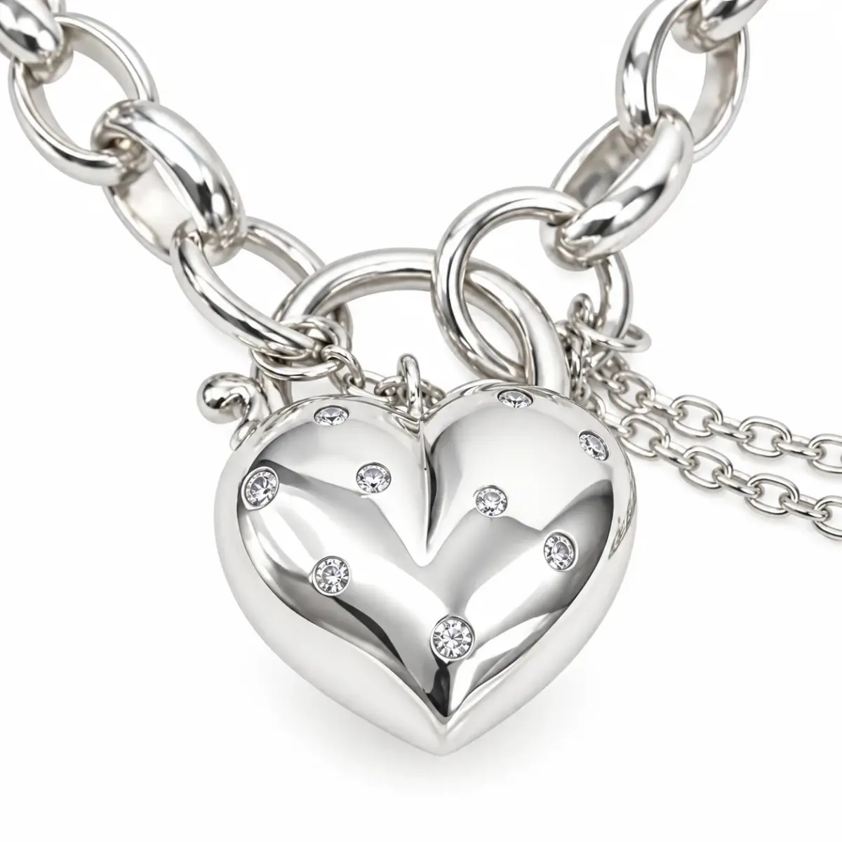 Sterling Silver Oval Belcher BO4 Bracelet with CZ Set Puff Heart Locket & Safety Chain – 19cm | 19g - SSBO4BW/PB5