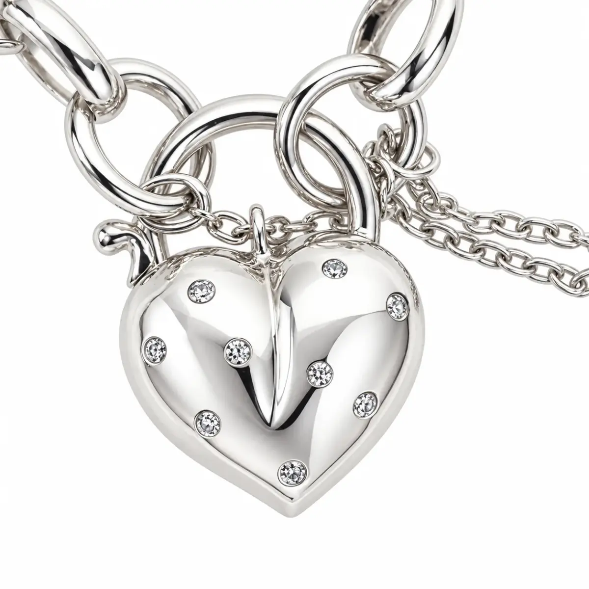 Sterling Silver Oval Belcher BO4 Bracelet with CZ Set Puff Heart Locket & Safety Chain – 19cm | 19g - SSBO4BW/PB5