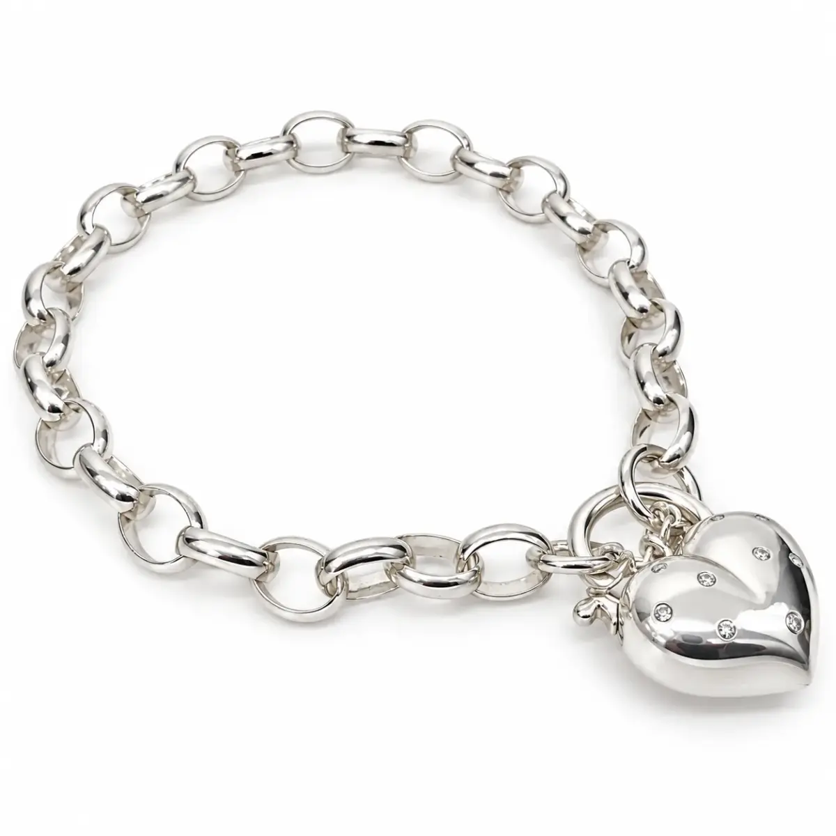 Sterling Silver Oval Belcher BO4 Bracelet with CZ Set Puff Heart Locket & Safety Chain – 19cm | 19g - SSBO4BW/PB5