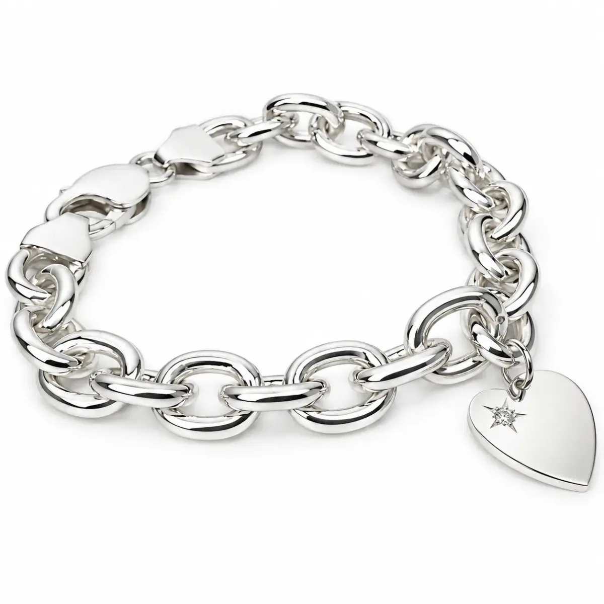 Sterling Silver Solid Cable Link Bracelet with CZ Set Flat Heart Charm – 19cm | 35g | Made in New Zealand - SSB1CHARM