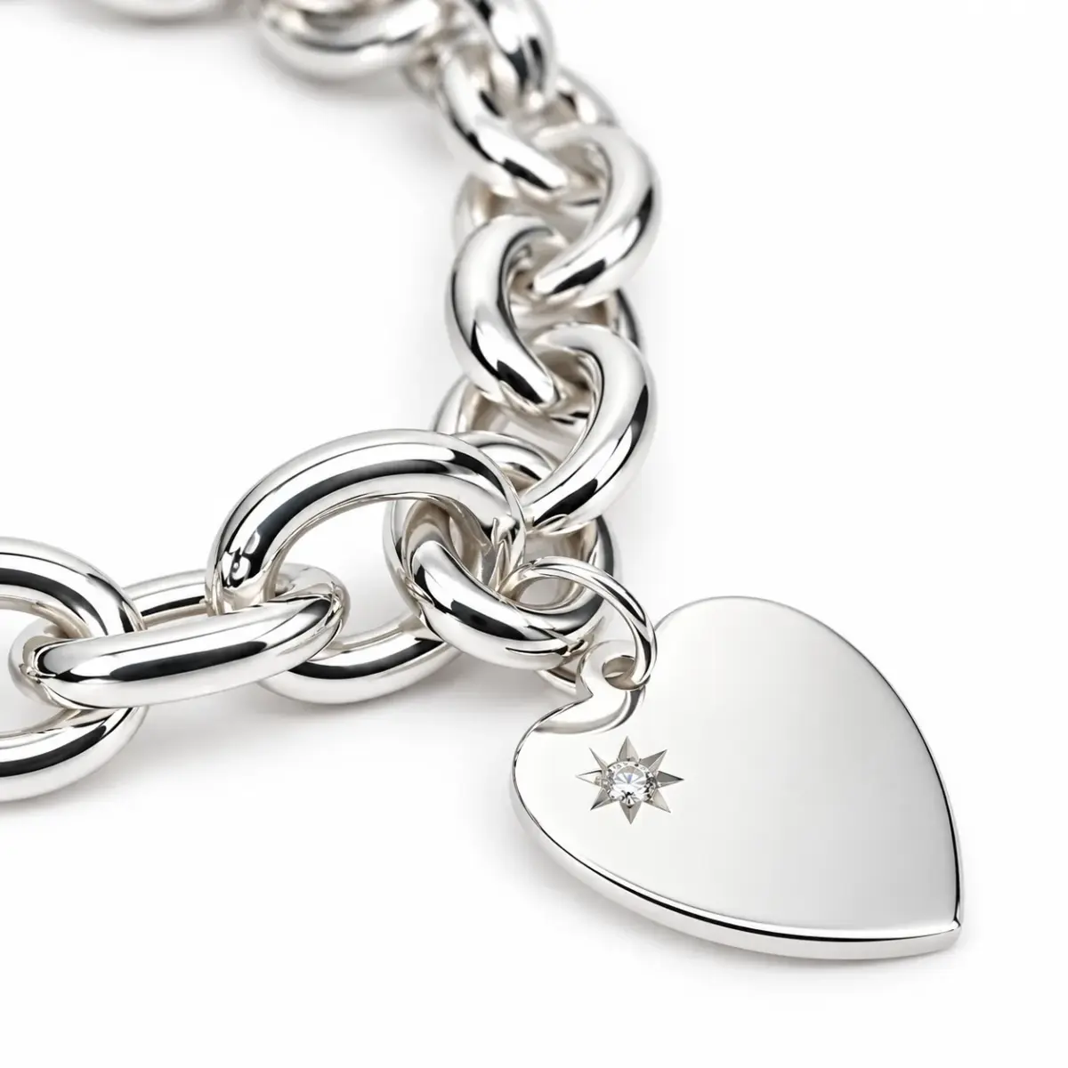 Sterling Silver Solid Cable Link Bracelet with CZ Set Flat Heart Charm – 19cm | 35g | Made in New Zealand - SSB1CHARM