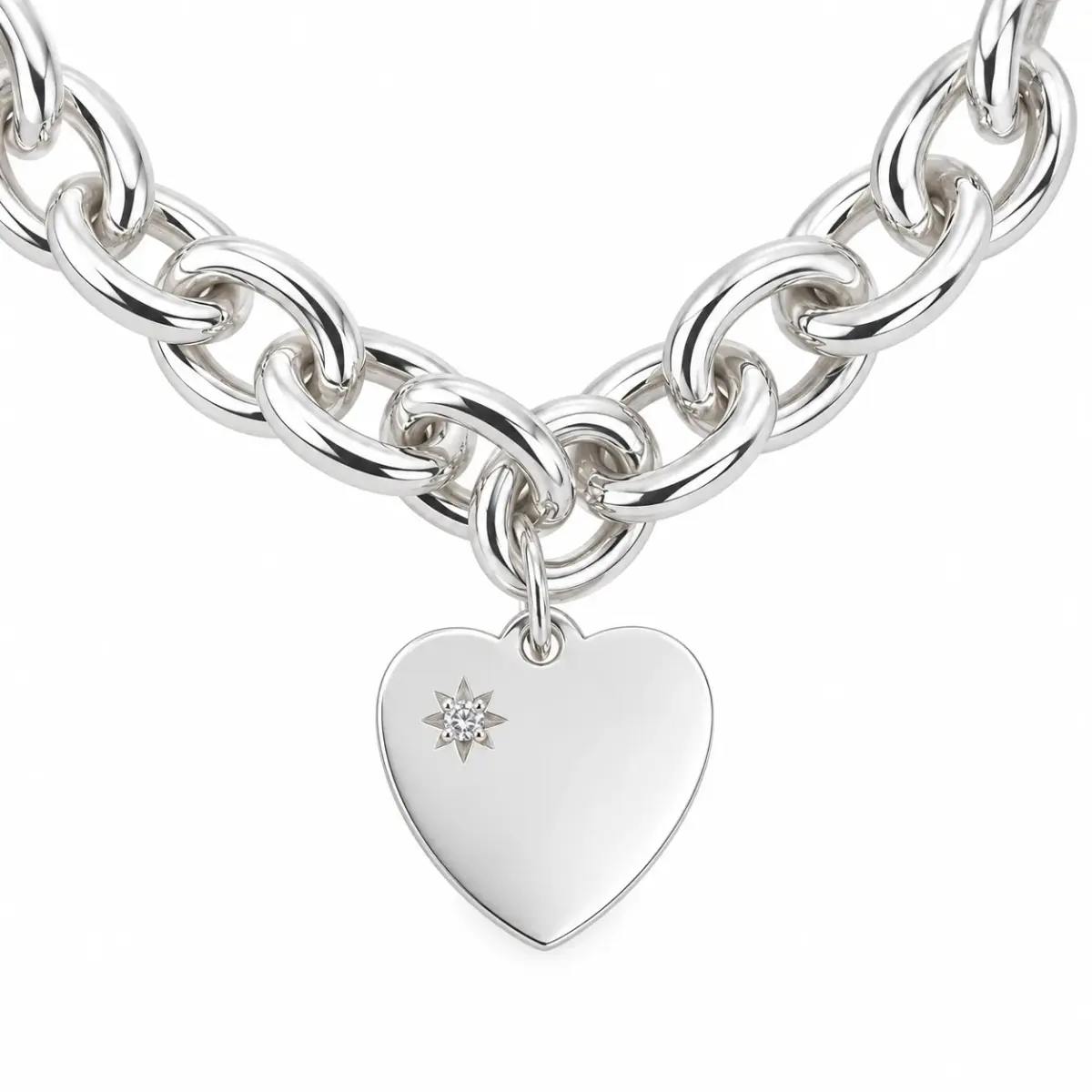 Sterling Silver Solid Cable Link Bracelet with CZ Set Flat Heart Charm – 19cm | 35g | Made in New Zealand - SSB1CHARM