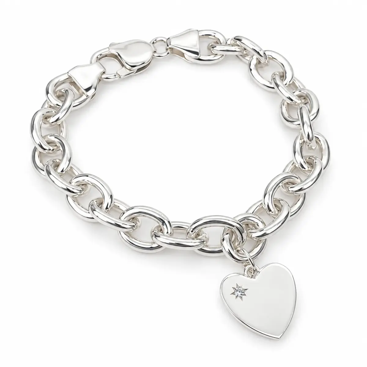 Sterling Silver Solid Cable Link Bracelet with CZ Set Flat Heart Charm – 19cm | 35g | Made in New Zealand - SSB1CHARM