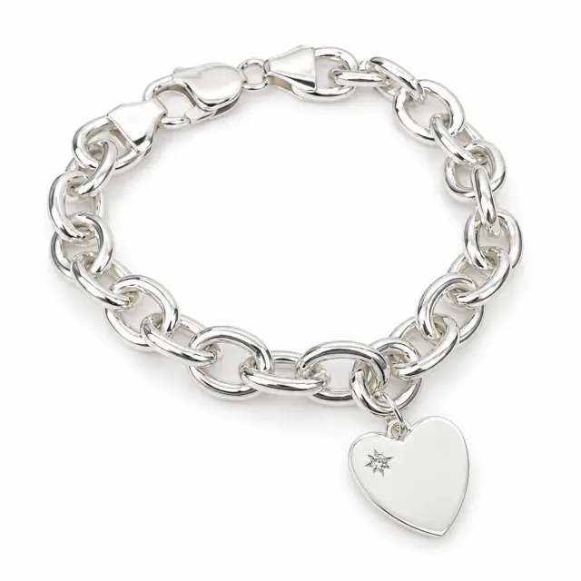 Sterling Silver Solid Cable Link Bracelet with CZ Set Flat Heart Charm – 19cm | 35g | Made in New Zealand - SSB1CHARM