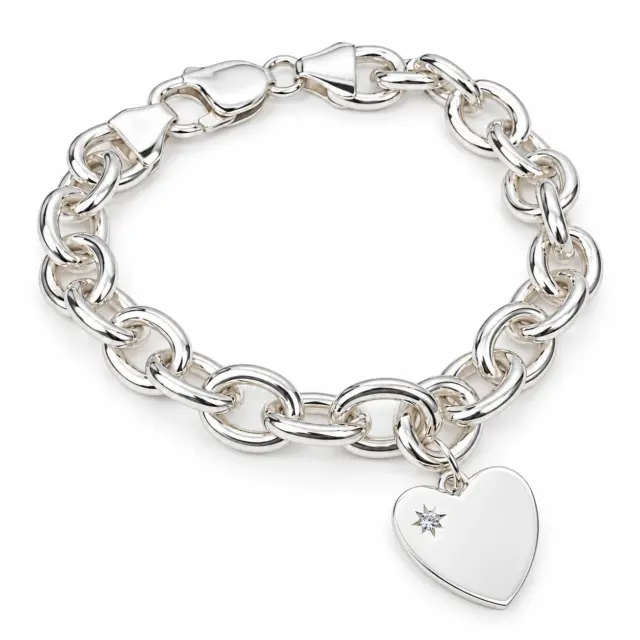 Sterling Silver Solid Cable Link Bracelet with CZ Set Flat Heart Charm – 19cm | 35g | Made in New Zealand - SSB1CHARM