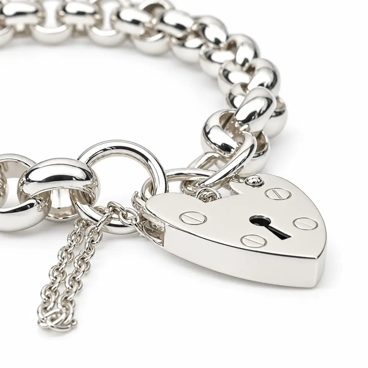 Sterling Silver Solid Round Belcher Bracelet with 18mm Heart Padlock & Safety Chain – 19cm | 46g | Made in New Zealand - SSBH5PB
