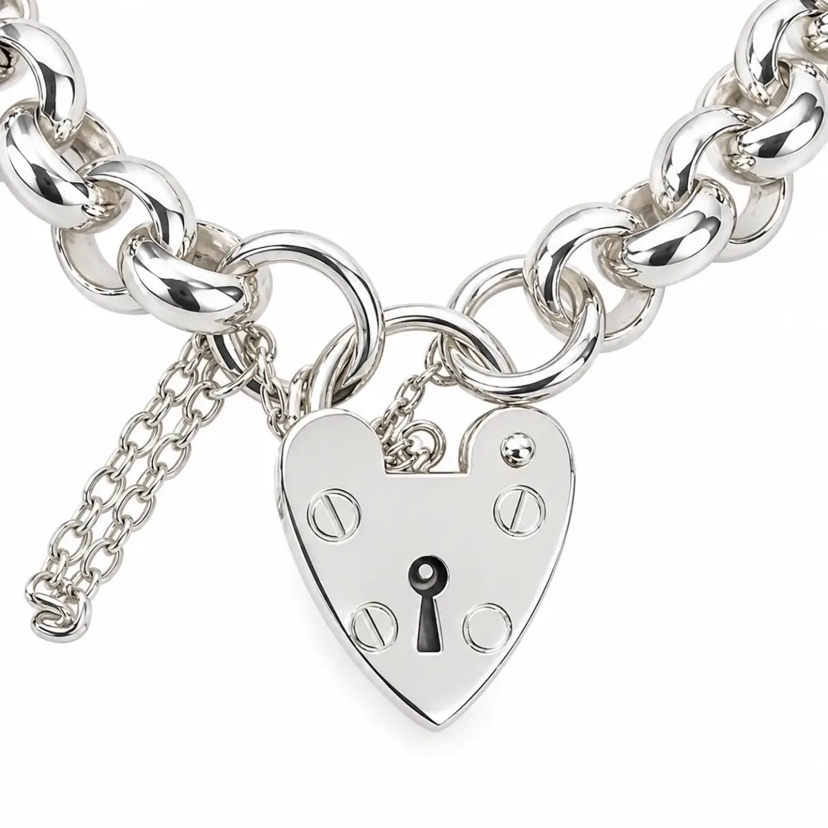 Sterling Silver Solid Round Belcher Bracelet with 18mm Heart Padlock & Safety Chain – 19cm | 46g | Made in New Zealand - SSBH5PB