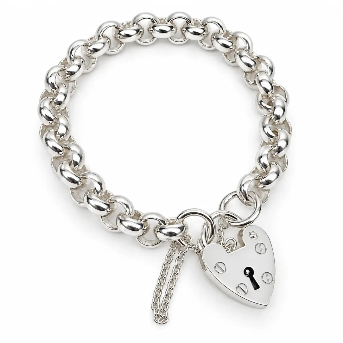 Sterling Silver Solid Round Belcher Bracelet with 18mm Heart Padlock & Safety Chain – 19cm | 46g | Made in New Zealand - SSBH5PB