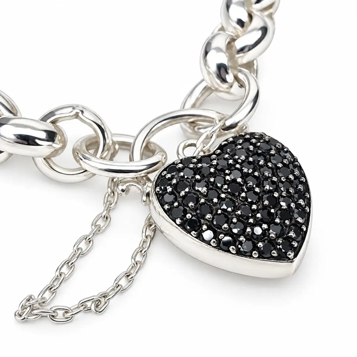 Sterling Silver Solid Round Belcher Bracelet with Black CZ Set Puff Heart Locket & Safety Chain – 20cm | 51g - SSPB9