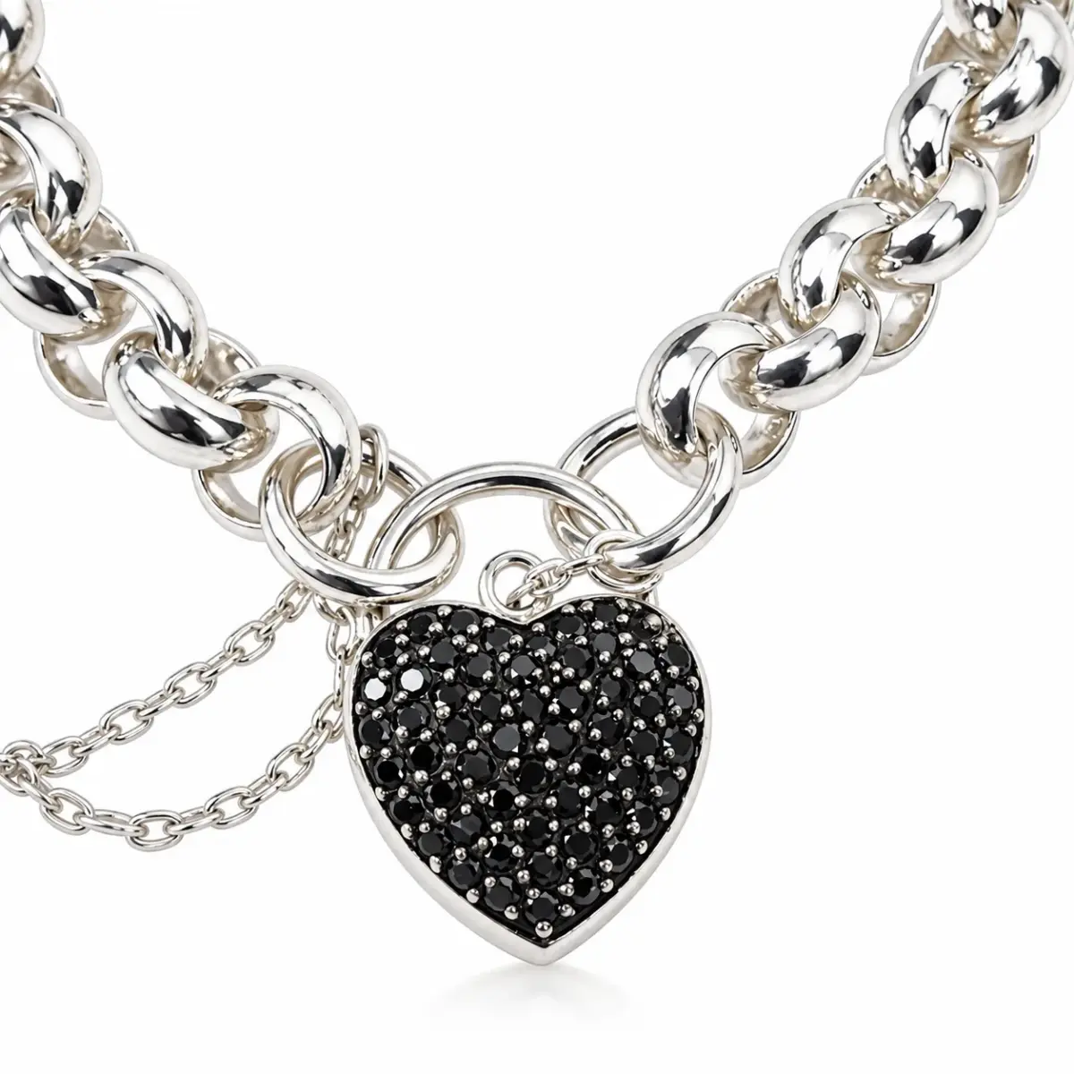 Sterling Silver Solid Round Belcher Bracelet with Black CZ Set Puff Heart Locket & Safety Chain – 20cm | 51g - SSPB9